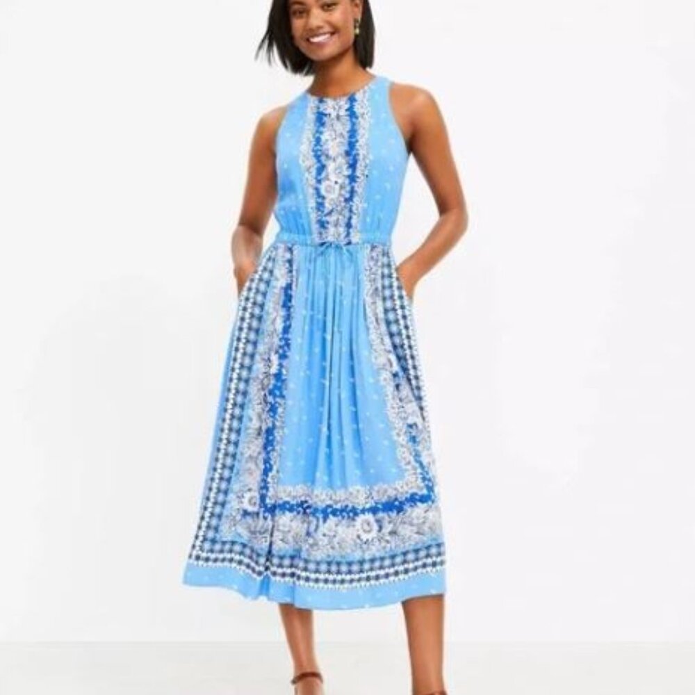 LOFT Blue Border Print Cutout Back‎ Midi Dress w/ Pockets Size XS sleeveless